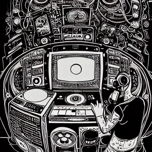 Image similar to intricate detailed artwork of a futuristic hardstyle music dj at an underground warehouse rave in the style of Geof Darrow, VR headset, wires, speakers, neon