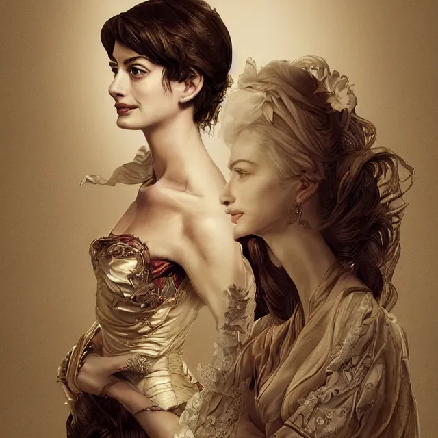 Image similar to the portrait of the lawful good alignment personified as anne hathaway, absurdly beautiful, graceful, elegant, sophisticated, young woman, an ultrafine hyperdetailed illustration by kim jung gi, irakli nadar, intricate linework, bright colors, octopath traveler, final fantasy, unreal engine 5 highly rendered, global illumination, radiant light, detailed and intricate environment