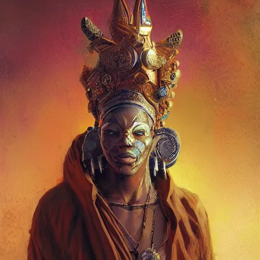 Image similar to african cosmic god obatala, dim light, front game card, marvel comics, dark, intricate, highly detailed, smooth, artstation, digital illustration by ruan jia and mandy jurgens and artgerm and wayne barlowe and greg rutkowski and zdislav beksinski.