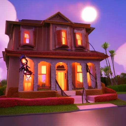 Prompt: disney movie encanto house but its haunted, spooky faces, halloween movie, cartoon pixar style, anime volumetric lighting, 3d model pixar render