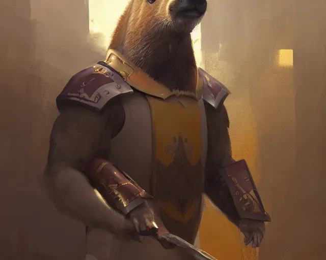 Image similar to A digital fantasy painting of a noble capybara in full paladin regalia, by greg rutkowski, trending on artstation