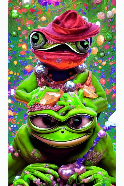 Prompt: maximalist detailed gemstone pepe the frog by adoryanti, machine. delusions, holosomnia, electrixbunny, rendered in discodiffusion. decorated with pearls and gems, behance hd by jesper ejsing, by rhads, makoto shinkai, ilya kuvshinov, rossdraws global illumination ray tracing hdr radiating a glowing aura