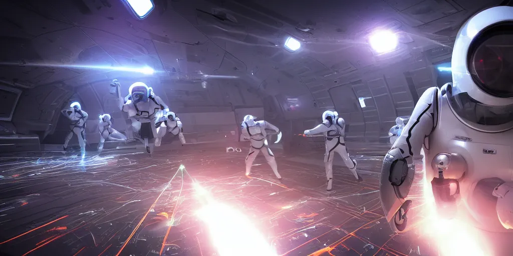 Prompt: futuristic spacemen firing lasers in zero gravity, skintight suits, floating, bright white light, hiding behind obstacles, surrounded by a laser grid, unreal engine, lensflares, low perspective