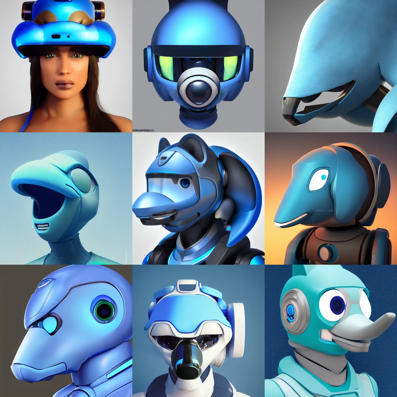 Prompt: very very beautiful furry art, bust profile picture of a blue robotic anthro bottlenose dolphin, visor screen for face, truncated snout under visor, round shapes, commission on furaffinity, cgsociety, octane render