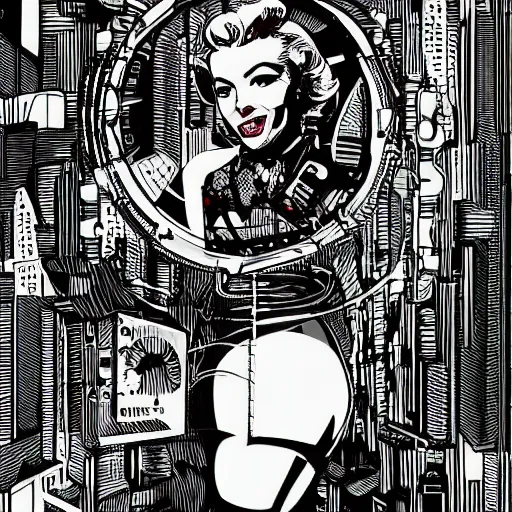 Image similar to Illustrated by Shepard Fairey and H.R. Geiger | Cyberpunk Marilyn Monroe with VR helmet, surrounded by cables