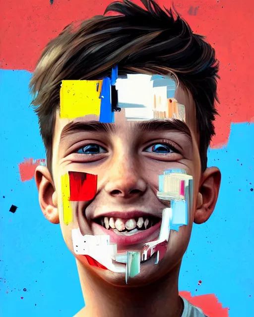 Image similar to painting, smiling boy, shards of time, face portrait, centered portrait, medium closd - up, illustration, highly detailed, simple, no jagged lines, smooth, artstation, artwork by obey, artwork by sandra chevrier