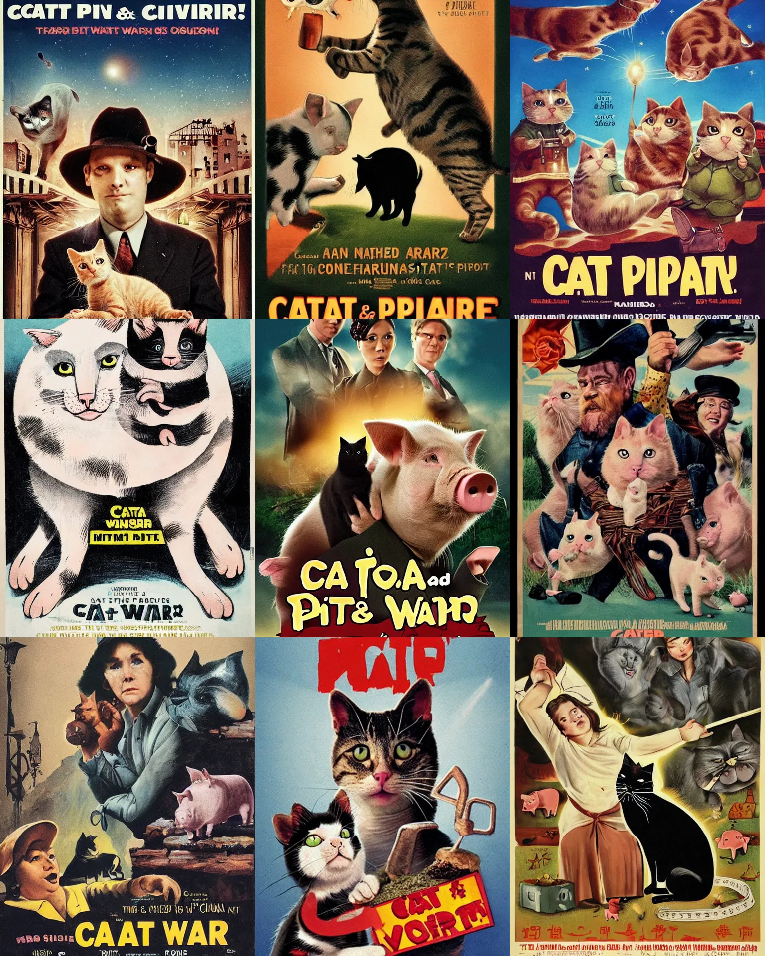 Prompt: cat and pig war, movie poster, stunning