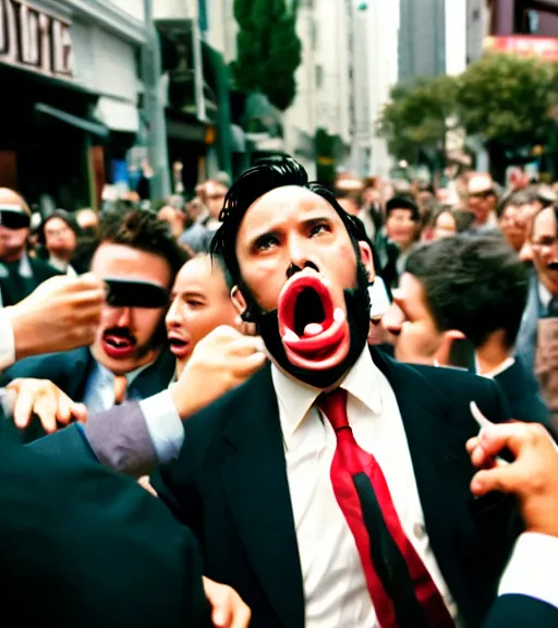 Prompt: man in a suit with spaghetti face screaming in a crowd in san - francisco, film photography, direct flash, kodak portra 4 0 0,