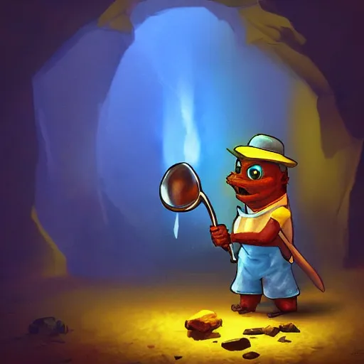 Image similar to pepe the miner with a big spoon full of blue crystals, dark cave, artstation, dramatic light, low angle