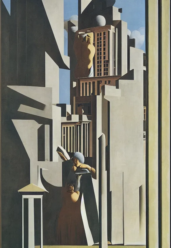 Prompt: [Poster! of a soviet in a stunning brutalism by Giorgio de Chirico, Rene Magritte, George Tooker, Titian]