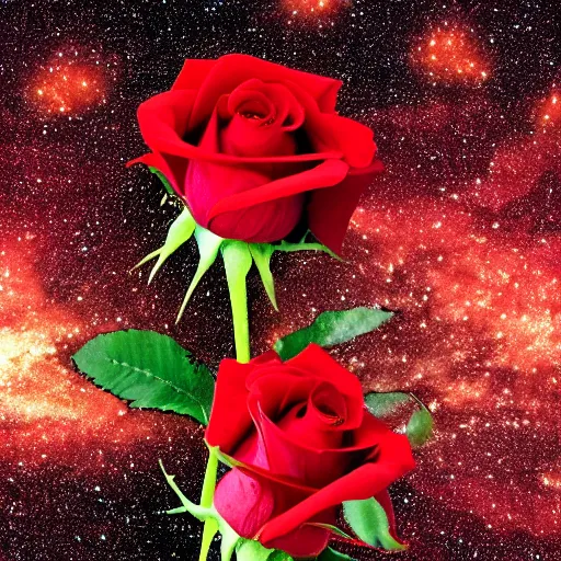 Prompt: Lovely red rose surrounded by stars at nighttime