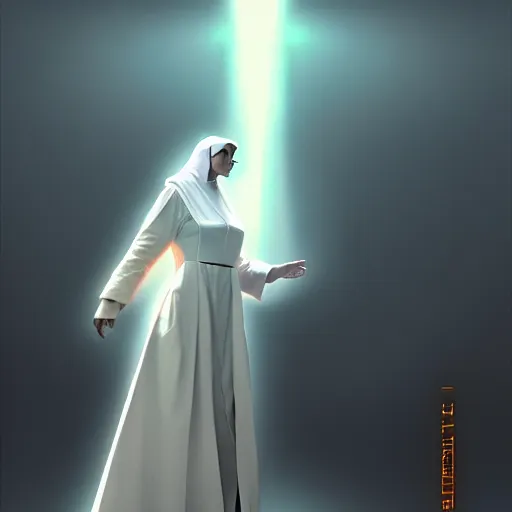 Image similar to imposing and relaxed cyberpunk nun, white duster coat, with dramatic volumetric god rays by john singer sargent, syd mead, craig mullins, finnian macmanus, sung choi, ruan jia. cinematic keyframe concept art on artstation