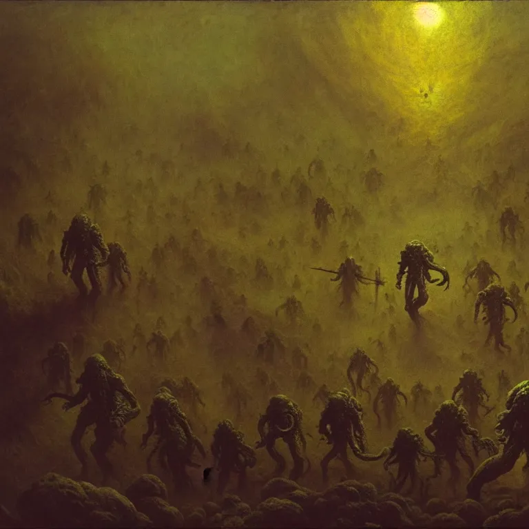 Image similar to a cinematic scene from the human soldiers fleeing cthulhu, lovecraft, concept art by beksinski and jean delville, dramatic lighting, ultra hd, hdr, 8 k