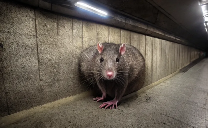 Image similar to very large giant mutant antropomorphic rat staying on railways in tonnel of moscow subway. extreme high detail. low light, scary atmosphere, darkness