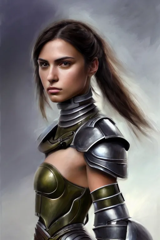 Image similar to a sharply detailed, photorealistically painted portrait of an attractive young female, partially clothed in sci-fi battle armor, with an abstractly painted background, flawless olive skin, fair complexion, long dark hair, beautiful bone structure, perfectly symmetric facial features, perfect photorealistic eyes, natural physique, intricate, elegant, digital painting, concept art, finely detailed, beautifully illustrated, sharp focus, minimal artifacts, volumetric lighting, from Halo, by Ruan Jia and Mandy Jurgens and Artgerm and William-Adolphe Bouguerea, in the style of Greg Rutkowski, trending on Artstation, award winning art