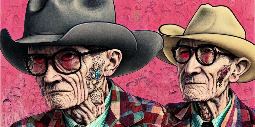 Prompt: full view of william s burroughs, wearing a cowboy hat, style of yoshii chie and hikari shimoda and martine johanna and will eisner, highly detailed