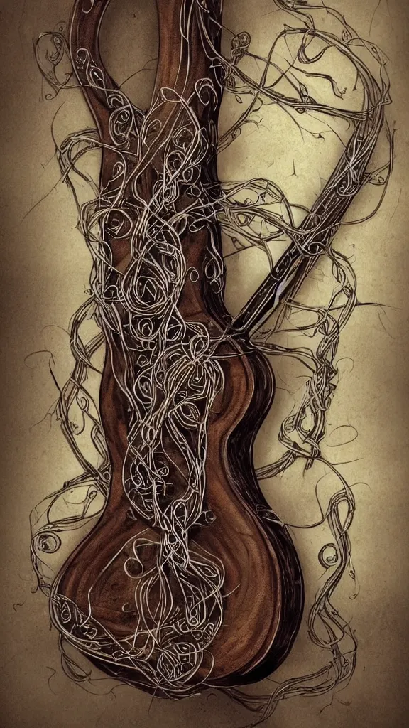 Image similar to a guitar with long thick vines wrapping around it, fantasy art, art station,