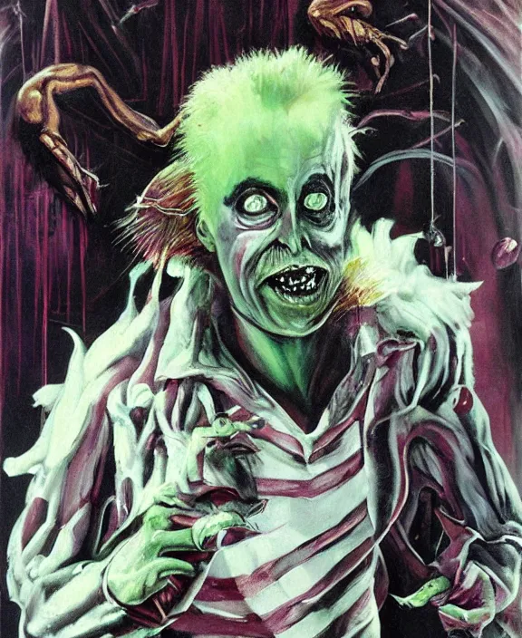 Image similar to a portrait illustration of Beetlejuice, by Les Edwards and francis bacon poster art, detailed