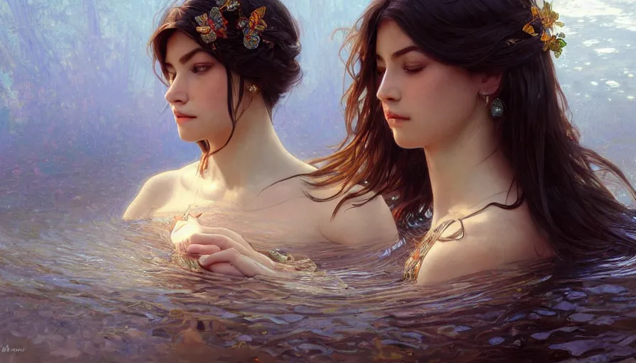 Prompt: jealousy, perfectly-centered-Portrait of the most beautiful woman on the planet floating in the river, intricate, highly detailed, digital painting, artstation, concept art, smooth, sharp focus, illustration, Unreal Engine 5, 8K, art by artgerm and greg rutkowski and alphonse mucha