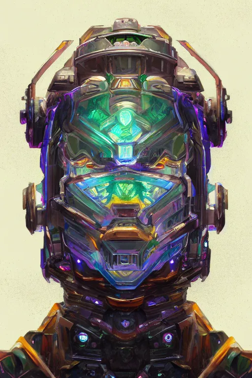 Image similar to portrait of jewel mecha-orc oracle physically accurate, moody dynamic lighting, very very intricate, very very elegant, highly detailed, digital painting, artstation, in the style of Rob Lefield and Dan Mumford , trending on artstation, digital art,surrealism ,macro,blueprint ,vaporwave ,