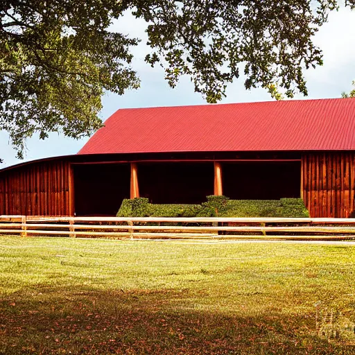 Prompt: exterior photograph of wood and stone entertainment barn by frank Loyd wright