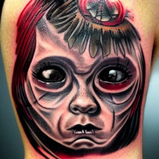 Image similar to tattoo of a creepy child, dark, scary, horror, high detail