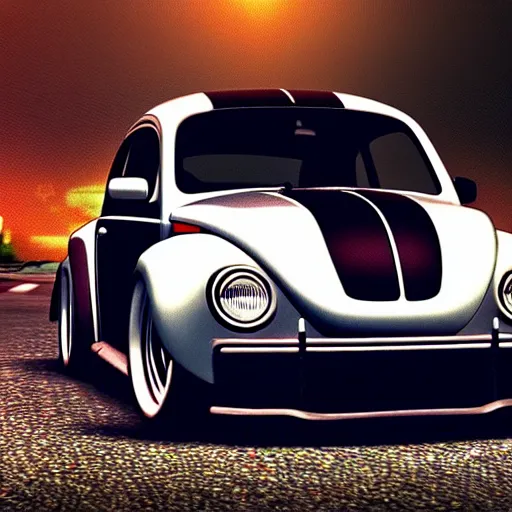Prompt: tuned out Volkswagen Beetle in a screenshot from NFS Underground