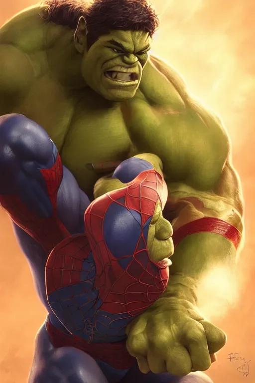 Prompt: characters portrait of Hulk mixed with Spiderman by ArtGerm and Tom Bagshaw, merged character, Full body shot, cinematic opening shot, 4k, highly detailed, cinematic lighting