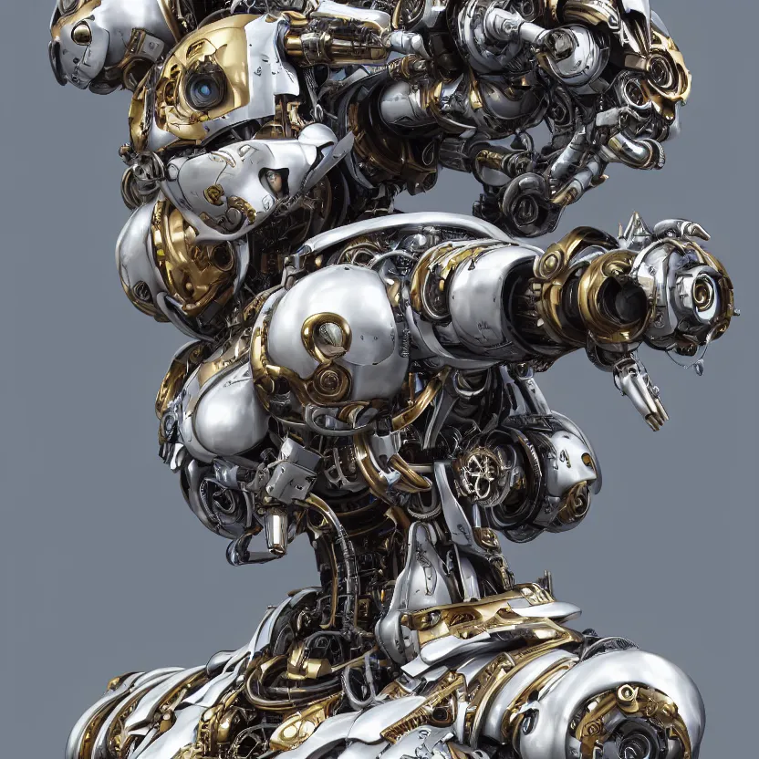 Image similar to hyper realistic mixed midea portrait of a beautiful mechanical steampunk mecha robot, stunning 3d render inspired art by kazuhiko nakamura and hajime sorayama, 8k octane beautifully detailed render, post-processing, extremely hyperdetailed, intricate futuristic mechanic parts, epic composition, maya, blender, grim yet sparkling atmosphere, cinematic lighting + masterpiece, trending on artstation,