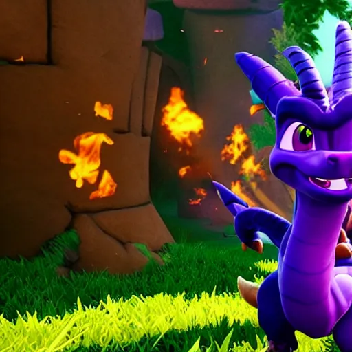 Image similar to Spyro The Dragon breathing fire at his enemy, unreal engine, video game hud,