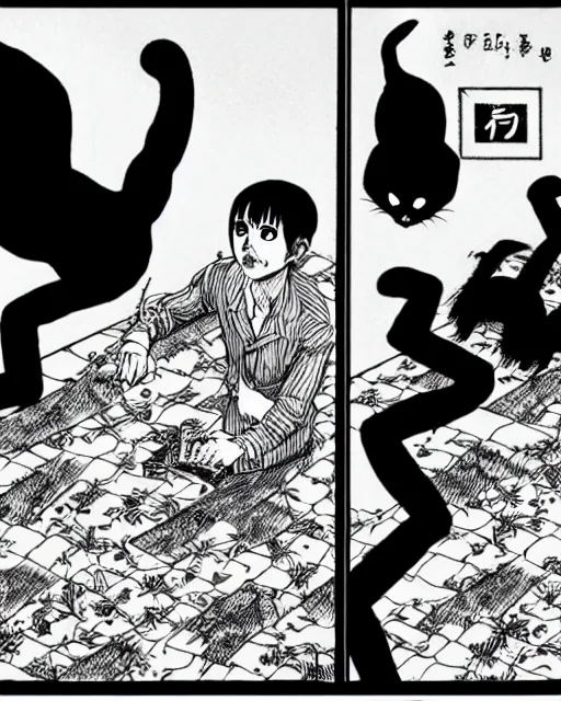 Image similar to three panels from junji ito's 'house in the style of a black cat', full width, action shot, first person, manga