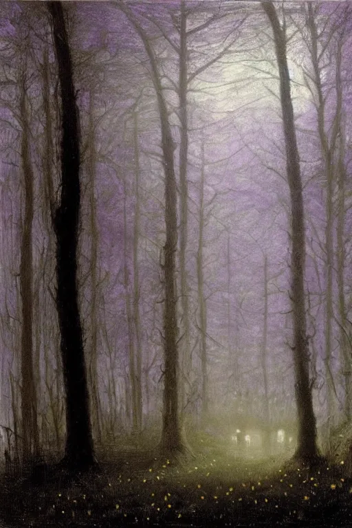 Image similar to dark and spooky painting of a forest dimly lit at night with tiny purple morning glory flowers trailing at the base of trees. foggy cinematic volumetric darkness, muted colour palette, detailed oil painting on canvas robert hughes, john everett millais