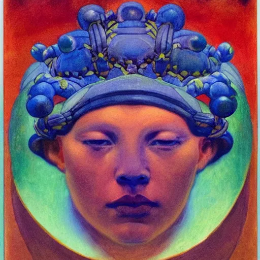 Prompt: the crown of clouds, by Annie Swynnerton and Nicholas Roerich and Diego Rivera, bioluminescent skin, elaborate costume, geometric ornament, symbolist, cool colors, smooth, sharp focus, extremely detailed