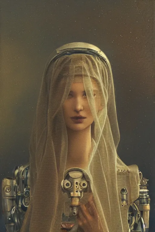 Prompt: a beautiful ultradetailed vintage photo of a veiled cybernetic cyborg, by tom bagshaw and james christensen, embroidered lace chapel veil, portrait, cybernetic implants, vignette, 3 5 mm lens, golden ratio composition, detailed face, studio photography, very detailed, humanoids, mechanical robotic armor, masterpiece!, artstation, 8 k, highly coherent