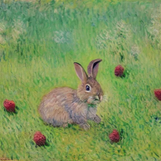 Prompt: a cute rabbit eating raspberries on a meadow, oil on canvas by claude monet