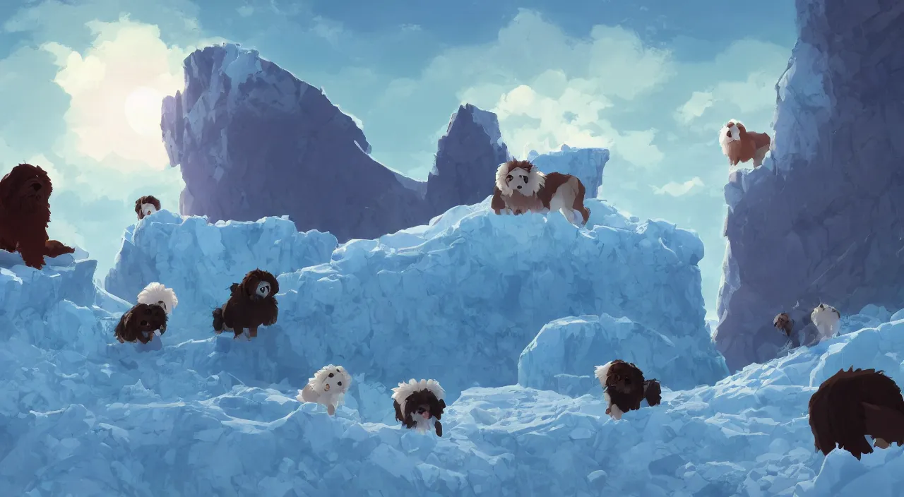 Image similar to havanese dogs rescuing arctic explorers at the edge of an ice cliff, 1 9 0 0, tartakovsky, atey ghailan, goro fujita, studio ghibli, rim light, scary, afternoon lighting, clear focus, very coherent