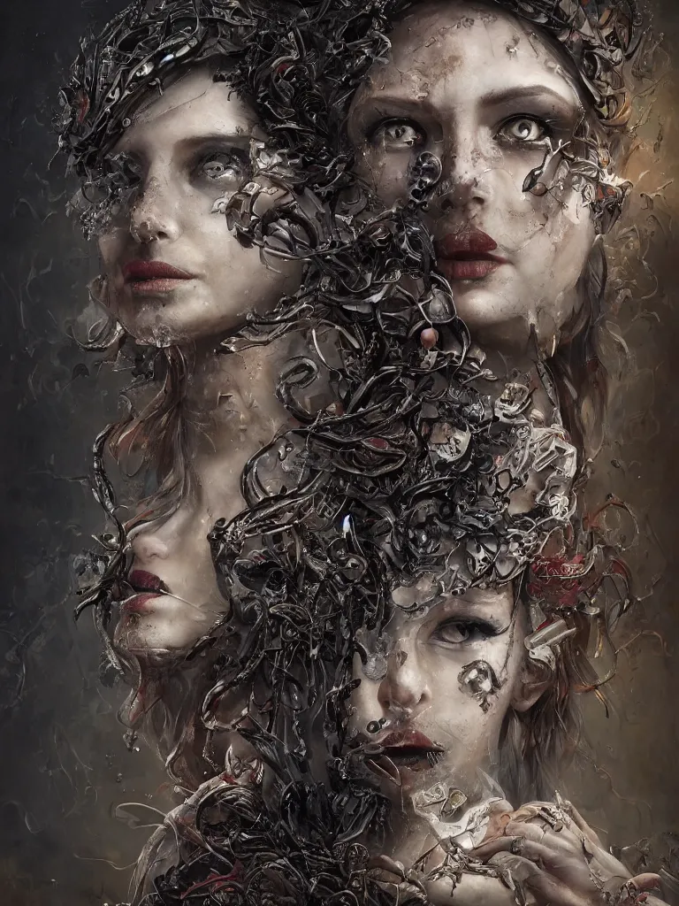 Image similar to single face portrait. very complex hyper-maximalist overdetailed cinematic darkfantasy portrait of an elegant very attractive but dangerous and wild female ent lady by andrei riabovitchev, tomasz alen kopera, oleksandra shchaslyva. Omnious intricate. Focus on face. Artstation. Deviantart. 8k 4k 64megapixel. Rendered by binx.ly. discodiffusion style portrait.