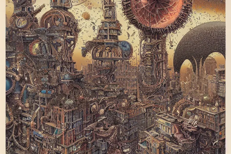 Image similar to warm colors, future cityscape by Joe Fenton and Ernst Haeckel