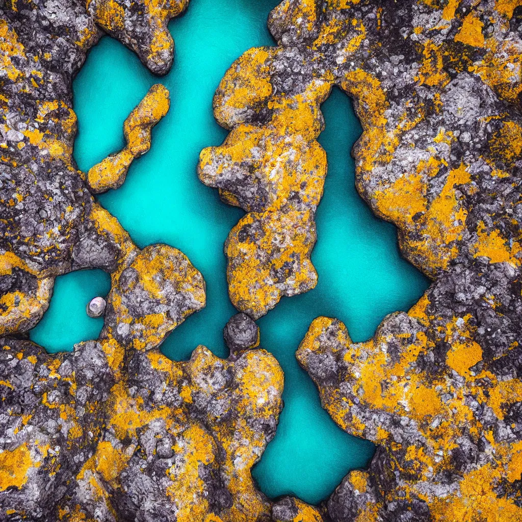 Image similar to golden boulders, black volcanic rock with colorful pools of bright milky paint, birds eye view