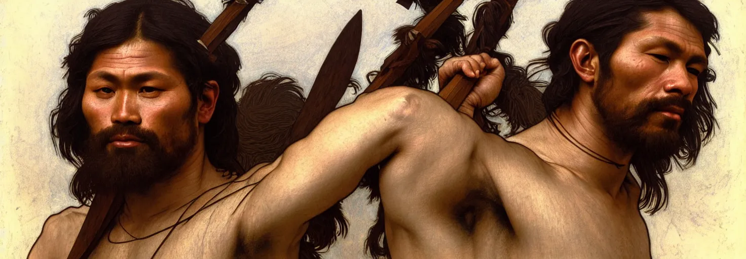 Image similar to renaissance upper body portrait of a gruff ranger with a spear, Inuit Eskimo First Nation, lean and toned, handsome face, hairy chest, D&D, intricate, elegant, highly detailed, digital painting, artstation, concept art, matte, sharp focus, illustration, art by da Vinci, Artgerm and Greg Rutkowski and Alphonse Mucha