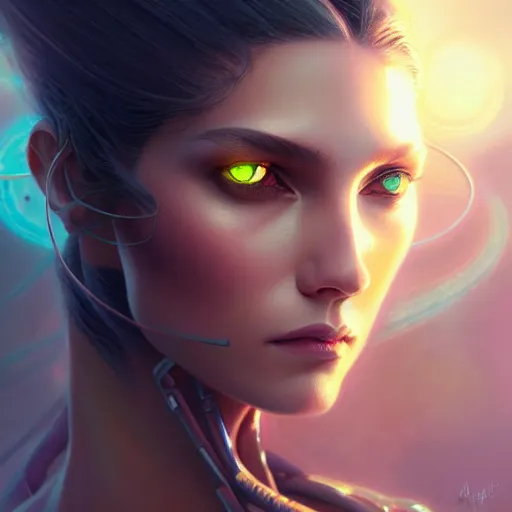 Image similar to futuristic woman portrait, sci-fi, amber eyes, face, long hair, fantasy, intricate, elegant, highly detailed, digital painting, artstation, concept art, smooth, sharp focus, illustration, art by artgerm and greg rutkowski and alphonse mucha