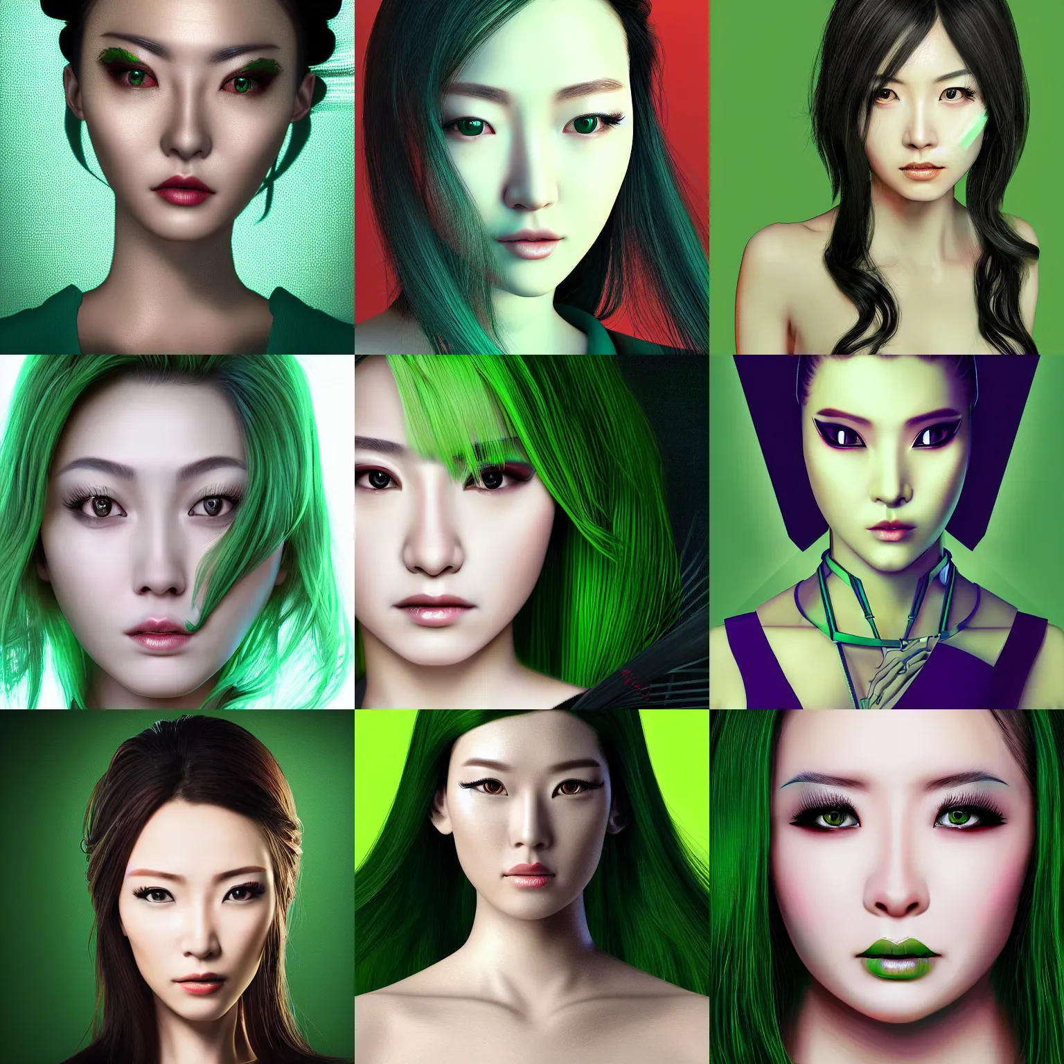 Prompt: closeup front orthographic portrait of a posh seductive cyberpunk woman, japanese heritage, high detail, soft studio lighting, full frontal lighting, digital photography, hyper realistic style, pure green bacground