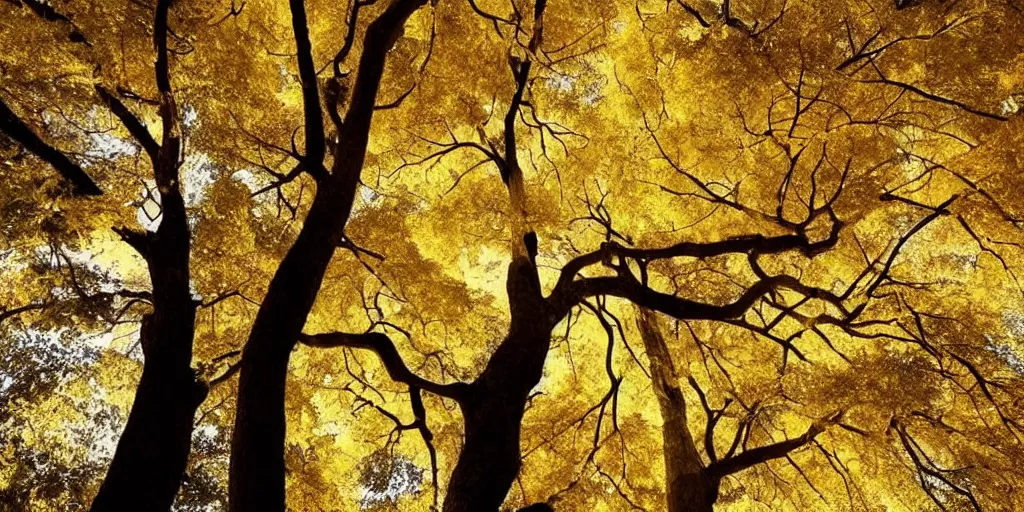 Image similar to a tall old tree with golden leaves, magnificent and sacred atmosphere, ilustration