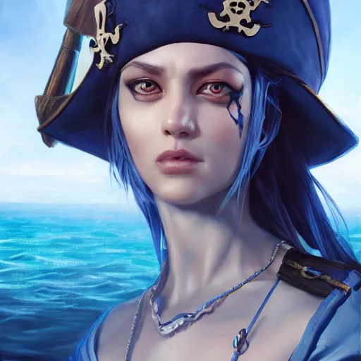 Image similar to Female pirate captain with blue skin, 4k oil on linen by wlop, artgerm, andrei riabovitchev, nuri iyem, james gurney, james jean, greg rutkowski, highly detailed, soft lighting 8k resolution