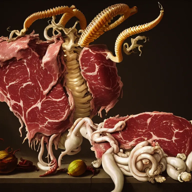 Prompt: still life of rotten meat flesh, white xenomorph, beautiful pastel tropical flowers, metallic human spine, colorful mold, baroque painting, beautiful detailed intricate insanely detailed octane render, 8K artistic photography, photorealistic, chiaroscuro, Raphael, Caravaggio