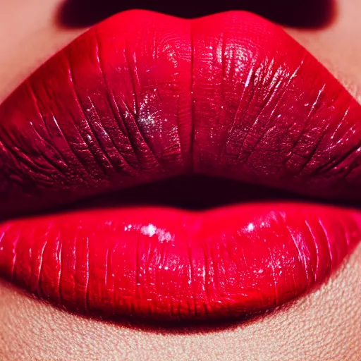 Image similar to extreme close up of a woman's lips wearing red lipstick, iridescent lollipop