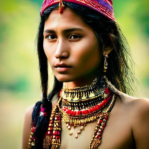 Image similar to portrait of a stunningly beautiful alluring nepalese tribal female, depth of field, zeiss lens, detailed, symmetrical, centered, fashion photoshoot, by annie leibovitz and steve mccurry, david lazar, jimmy nelsson, breathtaking, 8 k resolution, extremely detailed, beautiful, establishing shot, artistic, hyperrealistic, beautiful face, octane render