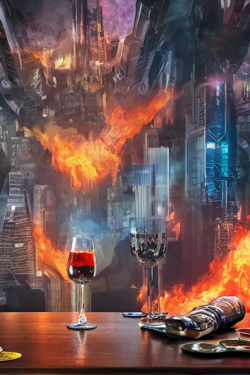 Prompt: in the foreground two glasses of alcohol placed on a table in the background a futuristic city in flames, realistic, high definition, 4K, shimmering color, symmetrical face, hyper detailed, art of roland emmerich