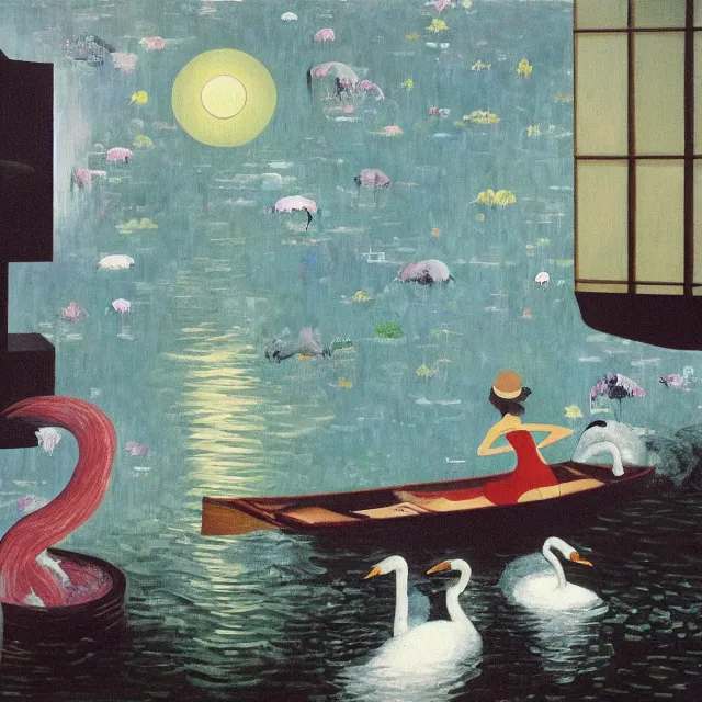 Image similar to painting of flood waters inside an apartment, emo catgirl art student, a river flooding inside, taps with running water, tangelos, zen, pigs, ikebana, water, river, rapids, waterfall, black swans, canoe, pomegranate, berries dripping, acrylic on canvas, surrealist, by magritte and monet