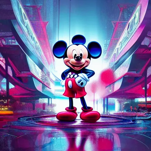 Image similar to a group of people standing around a mickey mouse, cyberpunk art by david lachapelle, cgsociety, sots art, dystopian art, reimagined by industrial light and magic, concept art